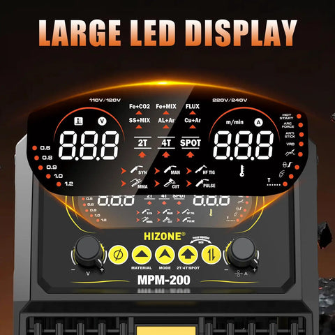 Close-up of control panel with large LED display on 8 In 1 Welding Machine All In One Plasma Cutter And Multi Process Welder 200A