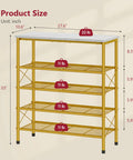 Dimensions of Real Deal Five Tier Shoe Rack Organizer For Up To Twenty Pairs Of Shoes with white top and gold metal frame.