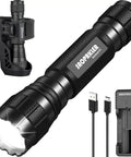 Rugged 1200 Lumen Tactical LED Flashlight With Duty Belt Holster For Law Enforcement And Camping Single Mode Beam Built For Police Ops And Everyday Carry Sentinel X1 shown with charger and cables.