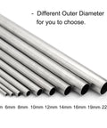 Angled side view of nine 304 stainless steel round tubes with varying diameters (5–22 mm) and open ends.
