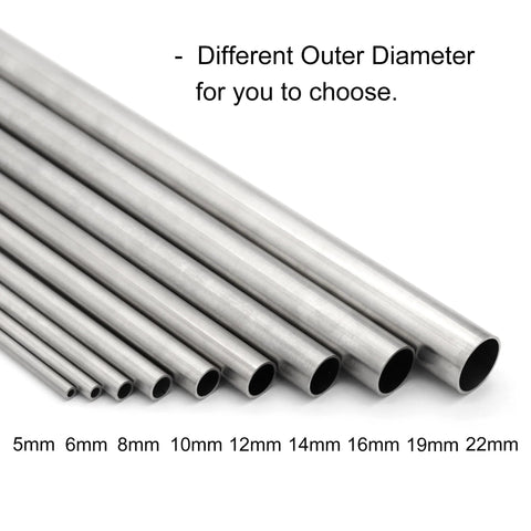 Angled side view of nine 304 stainless steel round tubes with varying diameters (5–22 mm) and open ends.