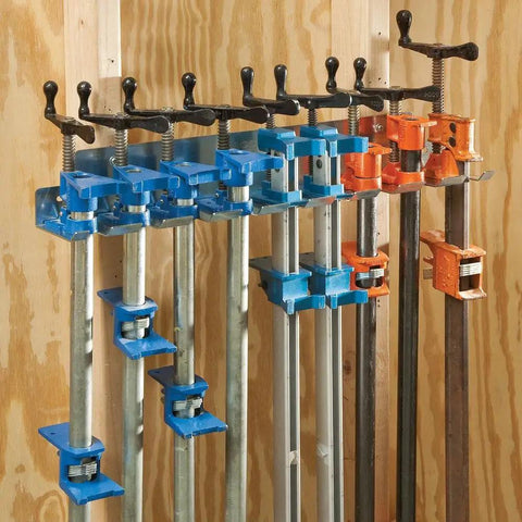 Heavy Duty Wall Mounted Pipe Clamp Rack That Keeps Clamps In Line Built From Galvanized Steel Holds Nine Pipe And Bar Clamps Up To 0.30 Inches Wide Organizes Your Workshop And Frees Up Space Like A Boss