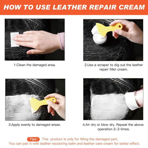 Heavy Duty Leather Filler And Repair Paste 4.5 Oz Quick Fix Compound application guide for restoring damaged leather.