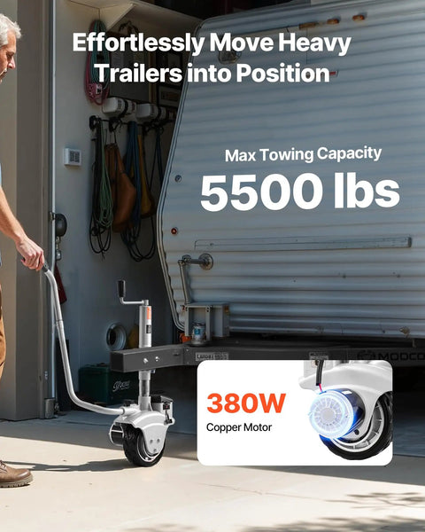 VEVOR Electric Trailer Dolly 5500 Lb Towing Capacity 380W Copper Motorized Jockey Wheel with adjustable clamp height.