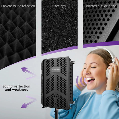 High Density 5 Panel Microphone Isolation Shield With Desktop Mic Stand For Home Studio Recording, blocking sound reflections.
