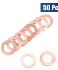 Pro Grade Copper Flat Washers M8 X 13mm X 1mm Sealing Rings for Screws Bolts and Nuts shown in a pack of 50 pieces.