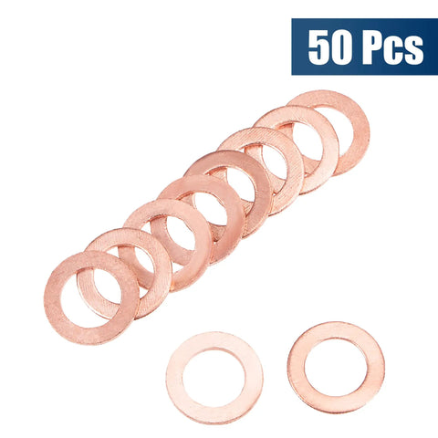 Pro Grade Copper Flat Washers M8 X 13mm X 1mm Sealing Rings for Screws Bolts and Nuts shown in a pack of 50 pieces.