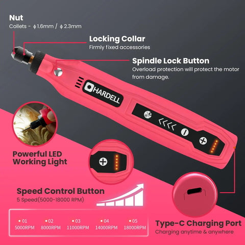 Image of the Mini Cordless Rotary Tool Kit With 5 Speed 3.7V Rechargeable USB Charging showing button features and LED light indicators.