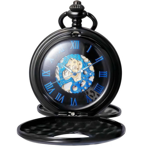 Skeleton Pocket Watch With Mechanical Movement And Double Cover Roman Numeral Dial Standable Half Hunter Photo Insert