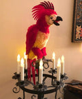 Red and yellow decorative parrot perched on chandelier with 12 Pack Flameless Led Taper Candles No Remote Hanging Floating Candles Battery Operated Candlesticks Electric Flickering 6.5 Inches For Halloween Parties Church Christmas Decor Great Vibe.