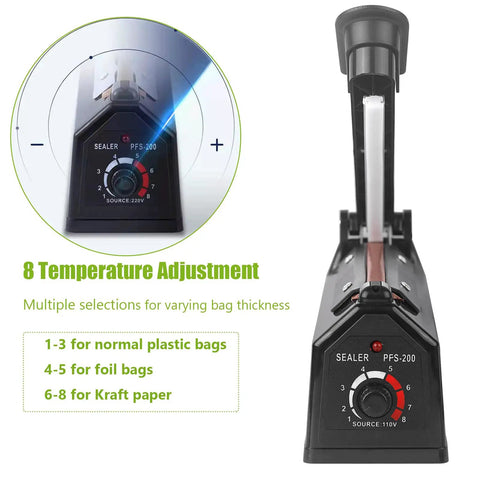 Front view of black 8 Inch Impulse Heat Sealer Manual Poly Bag Sealing Machine Quick Seal For Plastic Bags PE And PP