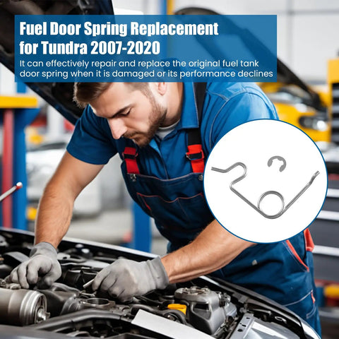 Premium Heavy Steel Fuel Door Spring For Toyota Tundra 2007 To 2020 being installed in an engine bay by a mechanic.