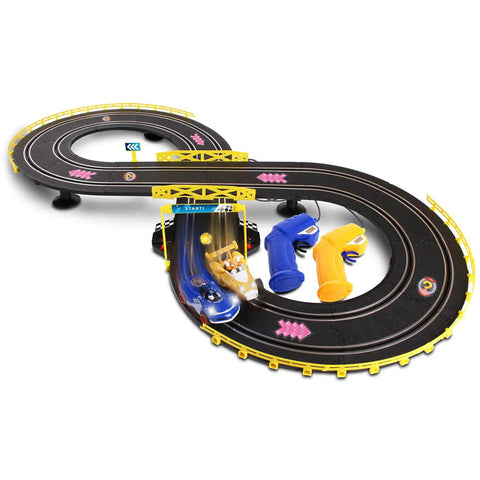 Sonic And Tails RC Slot Car Set On Figure Eight Track With Working Lights, Lap Counter, Two Cars And Controllers Visible