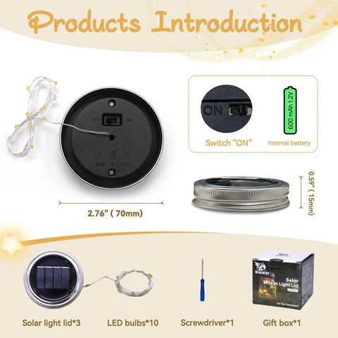 Diagram showing Three Pack Mason Jar Solar Lights Lids With Fairy LED Lights Outdoor Waterproof Lanterns and components
