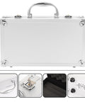 Built Tough Aluminum Alloy Work Crate With Cushion Grip Bail And Quick Release Cover For Grease Monkey Multi Layer Tool Sorting Or On The Road Health Supply Tote, sturdy silver exterior with handle.