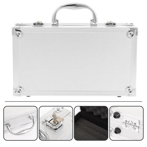 Built Tough Aluminum Alloy Work Crate With Cushion Grip Bail And Quick Release Cover For Grease Monkey Multi Layer Tool Sorting Or On The Road Health Supply Tote, sturdy silver exterior with handle.