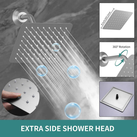 WHSHOWER Brushed Nickel Dual Rain Shower System Bathroom Shower Faucet Set 8 inch side shower head with 360° rotation.