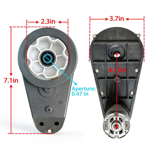 12V 550 40000RPM High Speed Motor Gearbox Upgrade Kit dimensions and details showing motor assembly for ride on toys.