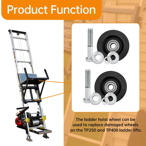 Carriage Wheel Kit Replacement For TranzSporter TP250 TP400 Ladder Hoist Heavy-Duty Wheel Set display with bolts and nuts