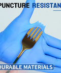 Premium Nitrile Exam Gloves 4 Mil Thick 100 Box Ripstop Power Textured Grip snugly fit against a gold fork showcasing puncture resistance.