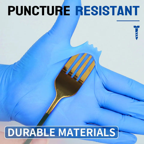 Premium Nitrile Exam Gloves 4 Mil Thick 100 Box Ripstop Power Textured Grip snugly fit against a gold fork showcasing puncture resistance.