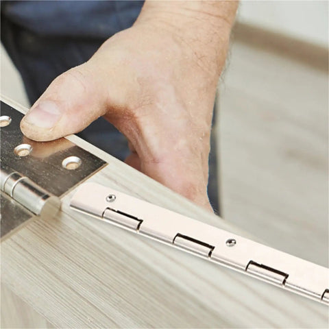 Close-up of Heavy Duty Long Piano Hinges 4 Pack For Cabinet Doors Wooden Boxes Toolboxes Benches Furniture And Industrial Projects