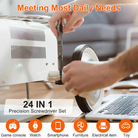 Person using 24 In 1 Magnetic Screwdriver Set With Detachable Ratchet T Handle to repair a furniture item at home.