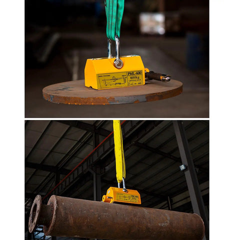 Beefy Magnetic Lifter With Release, 1320 Lbs Capacity lifting steel plate and pipe in industrial setting, N42 Neodymium Lift Magnets