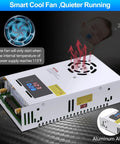 Beefy 480W 10A Adjustable DC Power Supply With Digital LED Display showing fan and temperature control features.