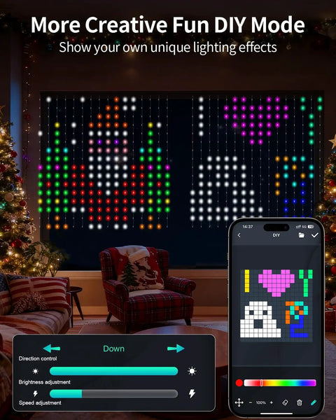 Smart Curtain String Lights With Color Changing LEDs, DIY Teardrop LED Backdrop for Bedroom And Living Room, app control display.