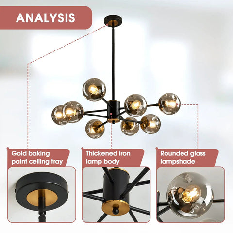 Eight-Light Glass Globe Sputnik Chandelier Matte Black And Gold Dope Modern Vintage Pendant Light with round glass globes