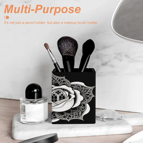 PU Leather Pen Holder Desk Organizer Pencil Cup for Office Supplies with Rose Floral Design holding makeup brushes