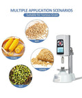 Easy Peasy Digital Grain Hardness Tester Meter With Plug And Play Setup For Quick Seed Fodder Paddy Rice And Cereal Quality Checks showing various grains like corn, soy, and rice.