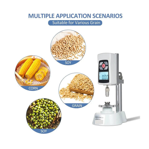 Easy Peasy Digital Grain Hardness Tester Meter With Plug And Play Setup For Quick Seed Fodder Paddy Rice And Cereal Quality Checks showing various grains like corn, soy, and rice.