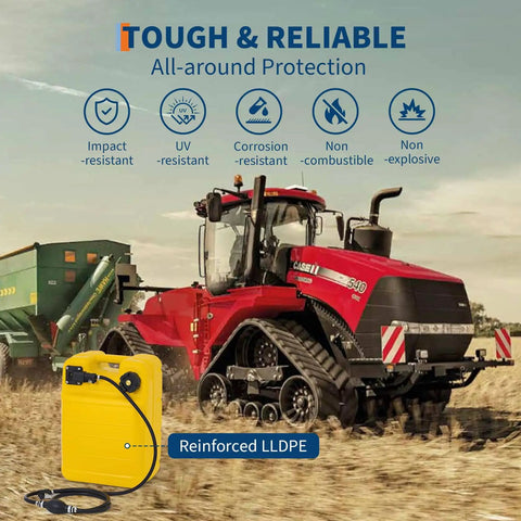 Beefy Portable Tank With Line For Generators And Marine Use 6.34 Gallon 24L shown with tractor in field