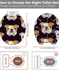 Toilet Seat Round Resin for Bathroom with dog design, measuring 16.5 inches, includes size guide for fitting.