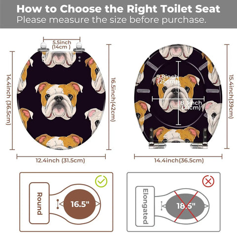 Toilet Seat Round Resin for Bathroom with dog design, measuring 16.5 inches, includes size guide for fitting.
