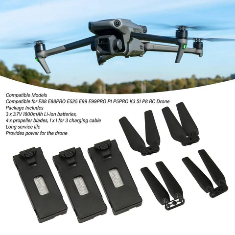 Spare Drone Battery Set 3.7V 1800mAh With Four Propeller Blades Kit For E88 E88PRO E525 E99 E99PRO P1 K3 S1 P8 RC UAV