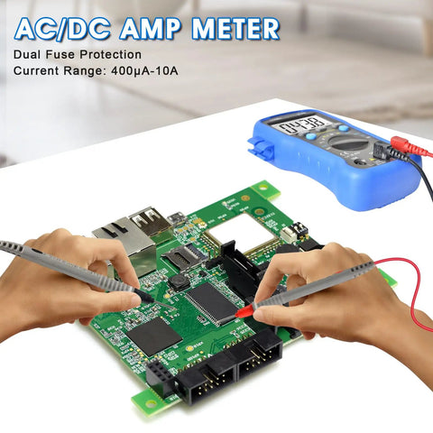 Person using Beefy 4000-Count Auto-Ranging Digital Multimeter Kit for AC/DC voltage testing on circuit board
