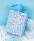 Blue Cross Window Gift Bag With Ribbon Handles, Totally Perfect For Baby Boy Baptisms, Christenings, And First Communions, Comes With Tissue Paper, 10 By 5 By 13 Inches, 1 Bag
