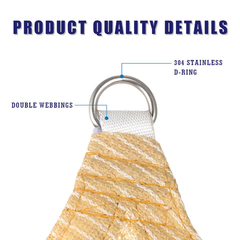 Close-up of a 304 stainless D-ring and double webbing on Beige Triangle Sun Shade Sail 12 Ft By 16 Ft By 20 Ft, Heavy Duty Commercial Grade Patio Canopy With 95 Percent UV Block, Breathable Water And Breeze Through Fabric, Stainless Steel D Rings, Custom Size Available.