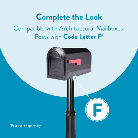 Heavy Duty Metal Post Mounted Mailbox In Black For Outside, Weatherproof Steel Construction shown compatible with letter F post