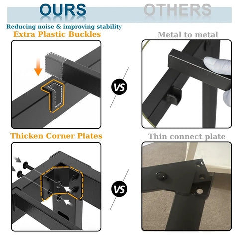 Image comparing stability features of VINGLI 12 Inch Full Size Bed Frame Heavy Duty Metal Platform with plastic buckles vs. metal plates.