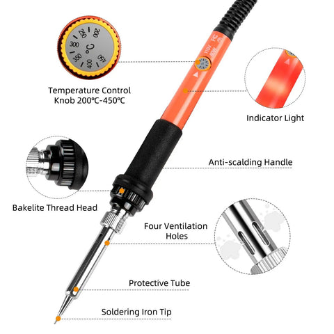 60W 110V Adjustable Temperature Soldering Iron Pen with labeled parts, including temperature control knob and anti-scalding handle.