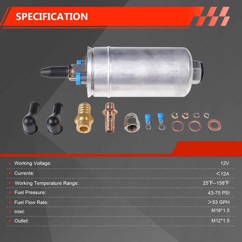 High Flow 12V Fuel Pump For EFI Systems, 43 To 75 PSI, 53 GPH, Universal Fit, shown with installation components