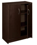 Espresso Stackable Two-Door Organizer With Two Adjustable Shelves, ideal for small spaces, shown with one door open