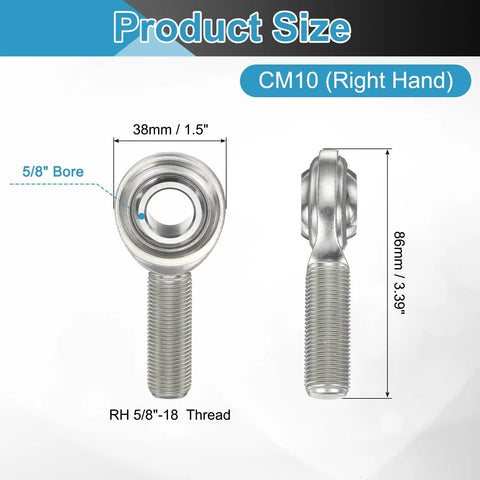Heavy-Duty Rod End Bearing 5/8 Inch Bore 5/8-18 UNF Right Hand Thread 1045 Steel Housing With Jam Nut For Smooth Motion In Mechanical Linkages And Angular Misalignment Up To 13 Degrees, front and side view