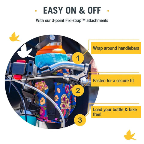 Willis Stem Bag For Bike Handlebar Quick Access Drawstring Pouch attached using 3-point Fixi-Strap with instructions