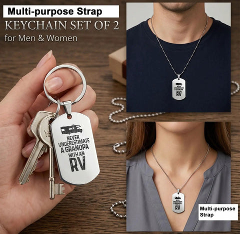Never Underestimate A Grandpa RV Dog Tag Keychain Matching Set Stainless Steel shown with necklace and key ring.