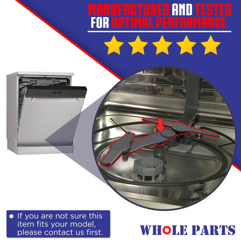 Lower Spray Arm Assembly W10195601 for dishwashers shown inside Kenmore and Whirlpool unit with stars indicating performance ratings.